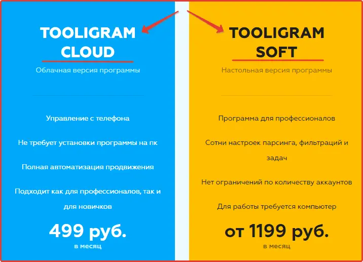 Стоимость платный пакетов программы Tooligram